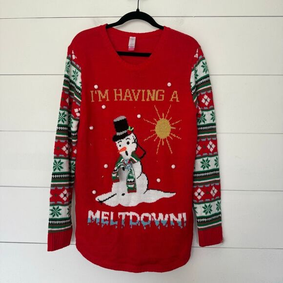 No Boundaries Women’s XL Snowman Ugly Christmas Sweater Meltdown Holidays - Picture 1 of 5